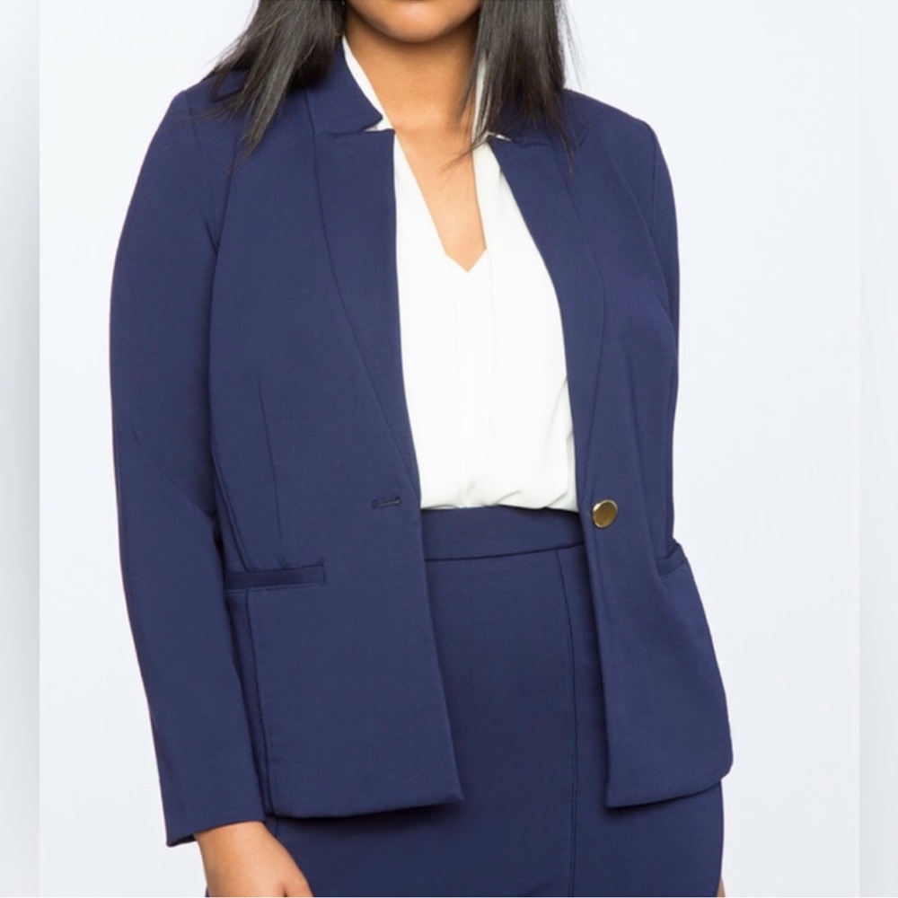 Eloquii Navy Blue Mandarin Collar Blazer Jacket